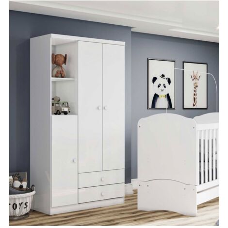 Armoire enfant blanche en mélamine 91x40x180,5 cm – 2 étagères et tringle métallique – Pour vêtements et accessoires