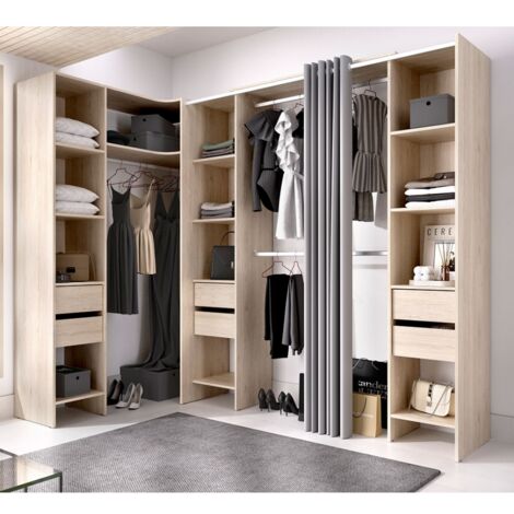 Befara – Dressing ouvert d'angle avec 6 tiroirs et rideaux – Espace de rangement 205 cm – Mélamine haute résistance – Coloris blanc