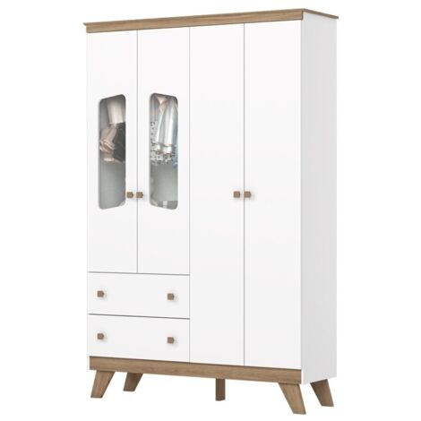 Armoire enfant 4 portes 2 tiroirs – Dimensions 200x131x41 cm – Panneau de particules MDP – Design moderne blanc et bois naturel