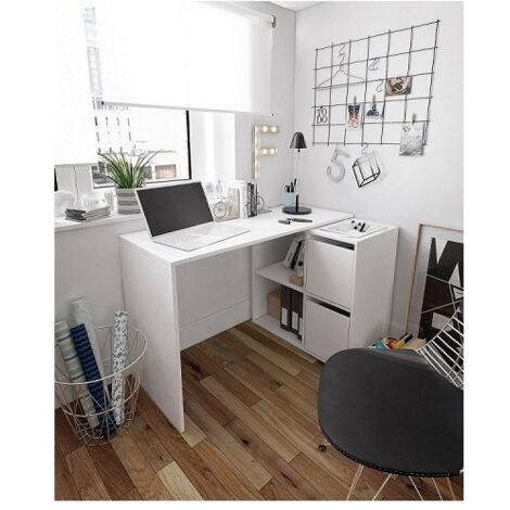 Bureau d'angle multiposition blanc Artik 120x77x74 cm – Plateau mélaminé 15mm – Module de rangement réversible avec étagères – Fores