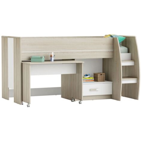 Befara – Lit combiné 90x190 cm avec bureau et tiroir – Panneaux agglomérés 15 mm – Échelle de sécurité – Rangement fonctionnel