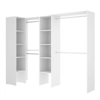 Befara – Composition de dressing d'angle Chania 228,5 x 40 x 187 cm – 4 barres de suspension – 8 étagères – Finition blanche moderne