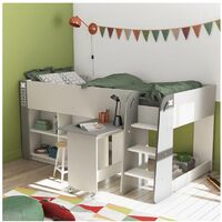 Befara – Lit mezzanine 90 x 200 cm avec bureau amovible – 4 étagères de rangement – Finition blanche et grise – Pour espaces réduits