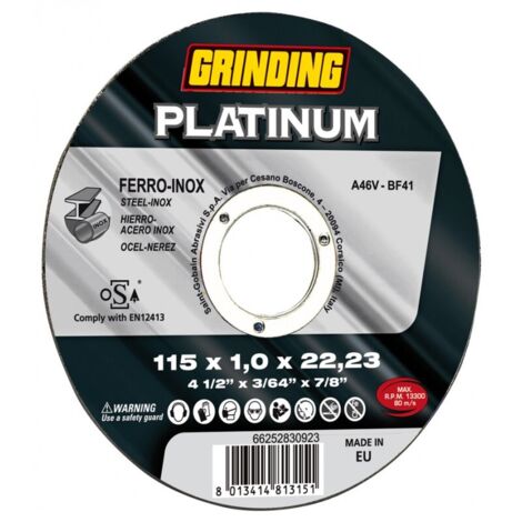 DISCO ABRASIVO TAGLIO FERRO PLATINUM GRINDING - MM 115X22,2 H.MM 1,0 - 25 pezzi