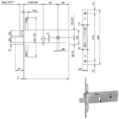 SERRATURA METALLO INFILARE 96310 ISEO • B.Q INOX F.MM 22 F.SAG.TRIP+SCR+Q8 H.MM 64 E.MM100