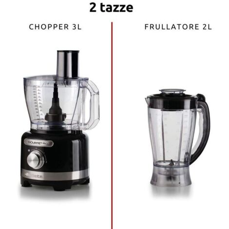 Ariete 1782 Gourmet Pro Moderna, Robot da cucina, Tritatutto 3L, Frullatore 2L, 2 velocità + Pulse, Set di lame + Disco in acciaio inox, Accessorio spremiagrumi, Nero