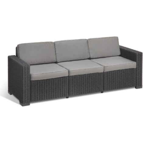 Divano California tre posti in resina effetto polirattan 199x68x72 cm con cuscini da giardino esterno
