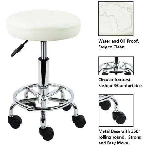 Tabouret pivotant à roulettes Tabouret de Travail réglable en Cuir synthétique Tabouret de Bureau Blanc