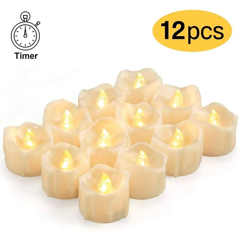 Velas LED MINKUROW con temporizador, paquete de 12 velas LED de té, velas eléctricas parpadeantes de cera real con pilas CR2032, función de temporizador automático, 6 horas encendidas y 18 horas apagadas, blanco cálido