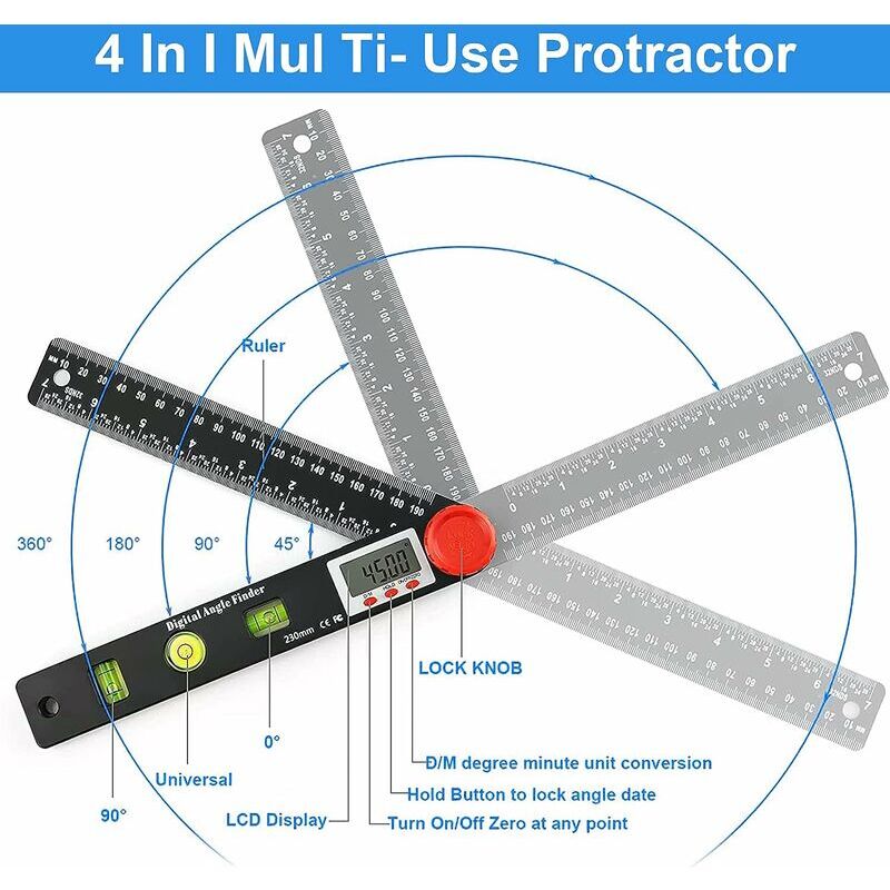 MINKUROW Buscador De Ángulo Digital, 0 999 ° Regla De Transportador Digital  Goniómetro De Nivel De Burbuja Medidores De Ángulo Electrónicos  Inclinómetro De 230 Mm Con Burbuja De Nivel De Círculo Vert
