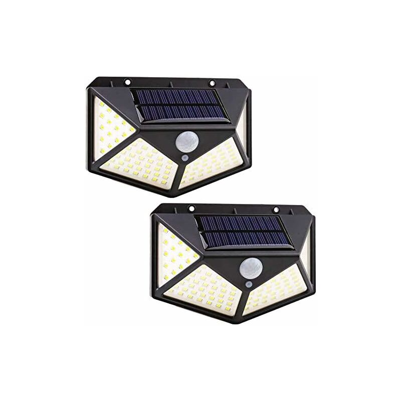 MINKUROW Luz solar para exteriores, 100 luces LED solares para exteriores, impermeable, iluminación exterior con sensor de movimiento, luz de seguridad, foco solar para exteriores, lámpara de pared inalámbrica para jardín, paquete de 2