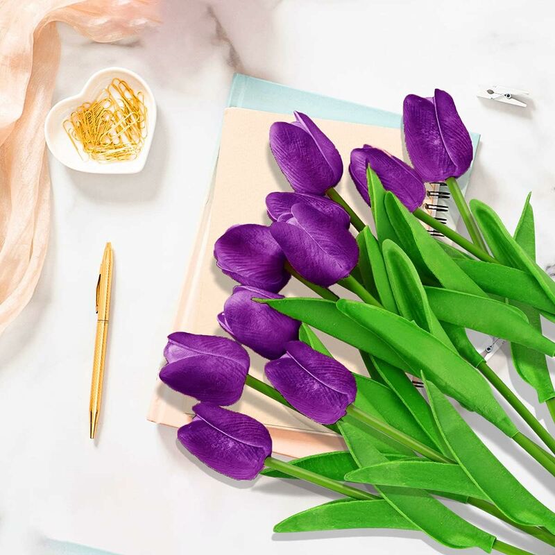  Tulipanes artificiales de poliuretano reales al tacto. Ramo de  10 flores artificiales para el hogar, la oficina y decoración de bodas  (color rosa).