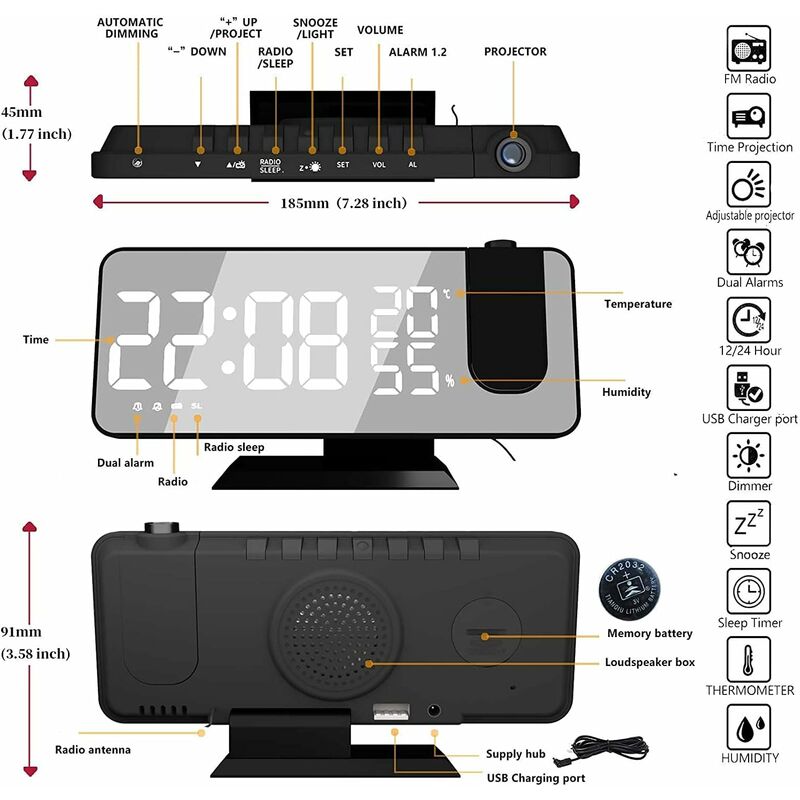 Radio reloj de proyección de techo, radio reloj de proyector 180, reloj  digital con 7 Led Mirr