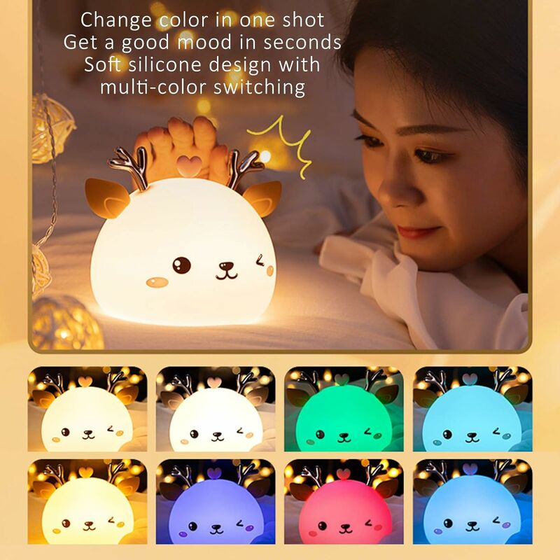 Luz nocturna para bebé, luz nocturna recargable para niños, luz nocturna  táctil con temporizador regulable de 8 colores, lámpara portátil de  silicona para cervatillo, luz nocturna para niños para dorm