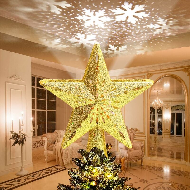 Tree Topper Projector 3d Estrella giratoria Árbol de Navidad Led Tree Topper Luz de Navidad Decoración giratoria para árbol de Navidad Interior Exterior-Oro(Estrella)