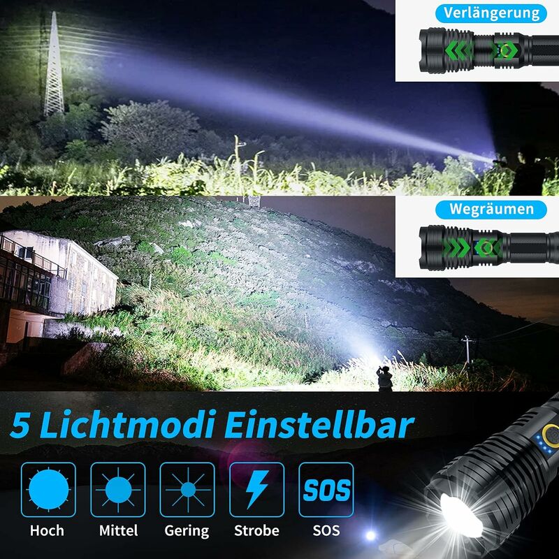 Linternas recargables de alto lúmenes, 100000 lúmenes, linterna LED súper  brillante con zoom con 5 modos, linterna impermeable potente máxima 12  horas
