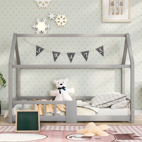 Cama infantil cama casita 90 x 200 cm, cama de madera para niños, incluye  protección contra