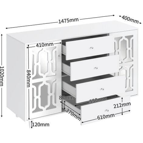 Aparador blanco con espejo y elegantes tiradores de cristal para salón y  comedor - 147,5 x 40 x 102 cm