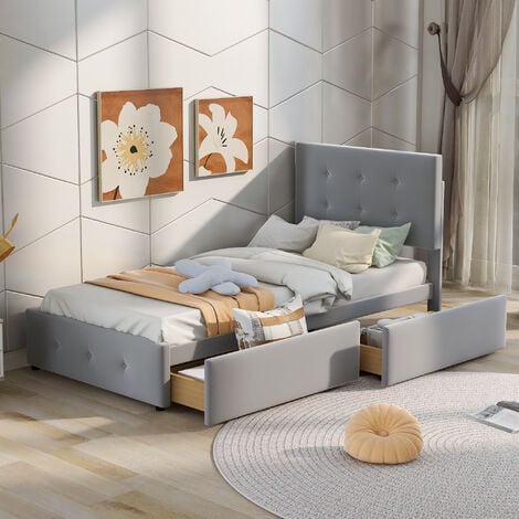 Sofá cama capitoné con cajones de almacenamiento, sofá cama tapizado de  tamaño individual con cajones, sofá cama de terciopelo de madera, gris