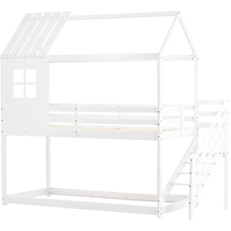 Litera, cama con escalera esquinera, cama casita, cama infantil con protección contra caídas y barrera, con ventana, estructura de pino, blanco (200x90cm) (1/5)