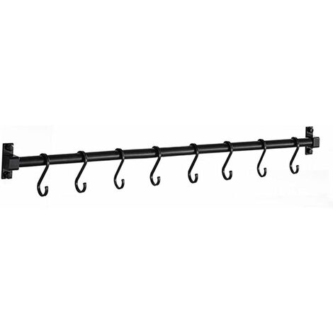Soporte para utensilios de aluminio negro, estante de cocina montado en la pared, colgador de sartenes con ganchos en S para colgar utensilios de cocina, gadget de baño(50cm）