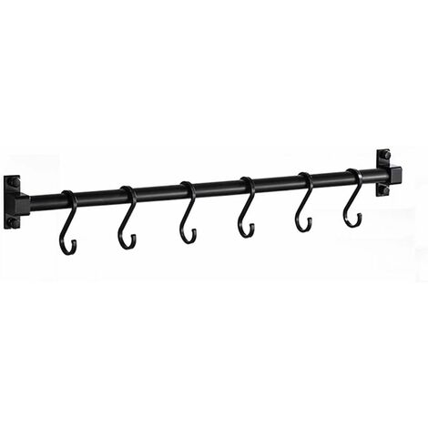 Soporte para utensilios de aluminio negro, estante de cocina montado en la pared, colgador de sartenes con ganchos en S para colgar utensilios de cocina, gadget de baño(40cm）
