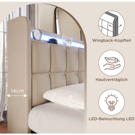 Cama Tapizada Con LED Y USB - Moderna Y Funcional (90x200cm, Beige)