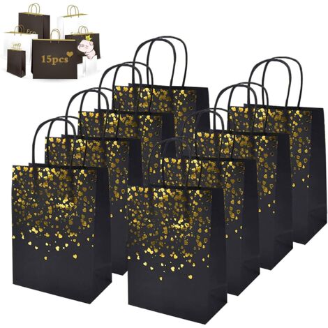 MINKUROW 15 Bolsas De Papel Kraft, Bolsas De Regalo De Papel, Bolsas De Papel Kraft Con Asa, Bolsas De Regalo Reciclables Para Navidad, Boda, Fiesta De Cumpleaños (Negro) (1/5)