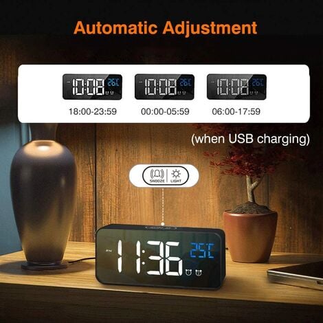 Reloj de mesa con espejo LED, alarma Digital, USB, calendario de