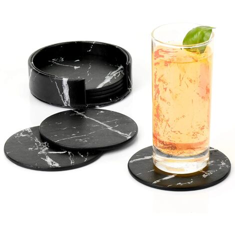 MINKUROW - Posavasos De Piel Premium Con Soporte, Juego De 6 Posavasos De Negocios Para Bar, Oficina, Hogar, Mármol (Negro) (1/5)