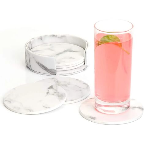 MINKUROW - Posavasos De Piel Premium Con Soporte, Juego De 6 Posavasos De Negocios Para Bar, Oficina, Hogar, Mármol (Blanco) (1/5)