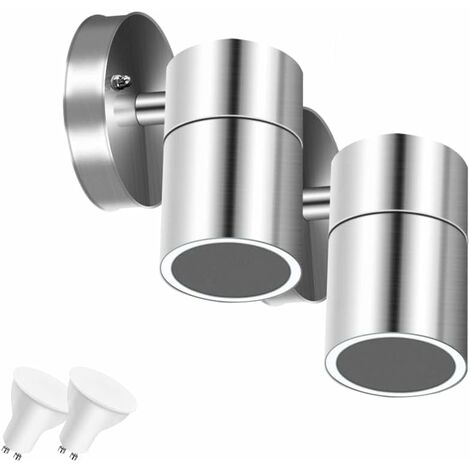 MINKUROW Aplique De Exterior Acero Inoxidable Ip65 Impermeable Plata Aplique Decorativo Seguridad Jardín Aplique De Pared Con Bombilla Led Gu10 5w Blanco Frío 6000k, Paquete De 2