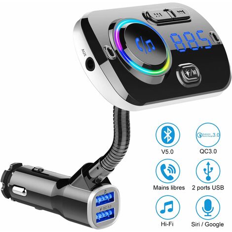 MINKUROW Bluetooth 5.0 Transmisor Fm, Radio De Coche Adaptador Bluetooth Kit De Coche De 7 Colores Reproductor De Música Con Función De Manos Libres Y 2 Puertos Usb. El Cargador Admite Unidad Usb/Tarj