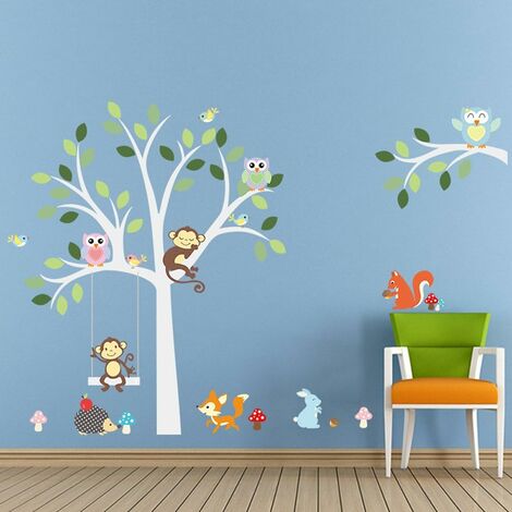 MINKUROW Cute Owls Monkey And Fox Cartoon Animal Wall Stickers, Baby Nursery Dormitorio Extraíble Wall Decals Murals (1/4)
