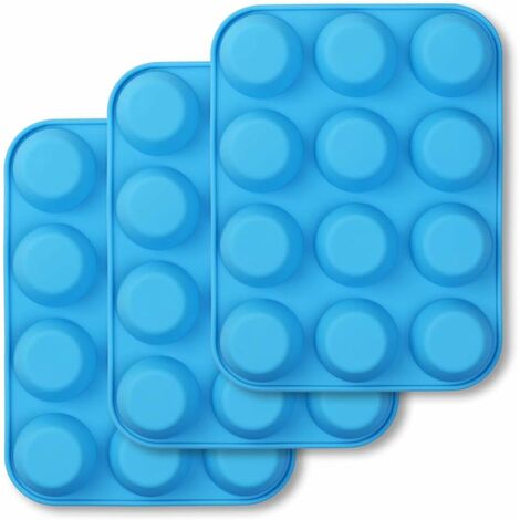 MINKUROW Molde De Silicona Para Magdalenas De 12 Tazas, Paquete De 3 Bandejas Para Hornear Antiadherentes Para Magdalenas, Pasteles, Picaduras De Huevo - Azul (1/5)