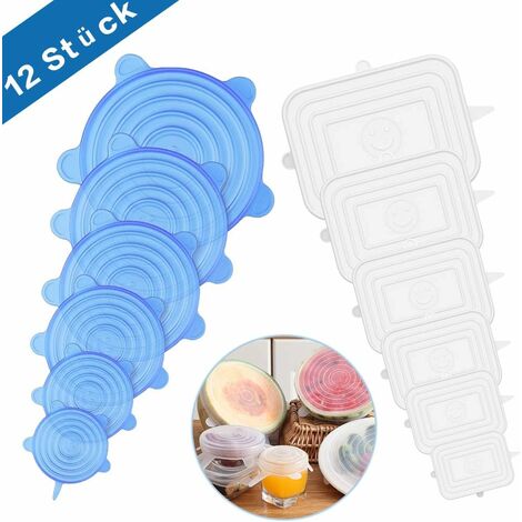 MINKUROW Tapa De Silicona Elástica, Tapa De Silicona Elástica De 12 Partes, Tapa De Silicona Reutilizable Sin Bpa (Azul Redondo + Cuadrado Transparente) (1/5)