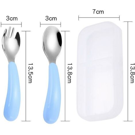MINKUROW Juego De Cubiertos De Acero Inoxidable Para Niños De 2 Piezas, 1 Tenedor Y 1 Cuchara Para Uso Escolar En El Hogar Para Bebés (Azul) (1/4)