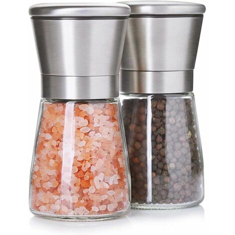 MINKUROW Juego De Dos Molinillos De Sal Y Pimienta - Molinillos De Especias De Acero Inoxidable Cepillado Y Cuerpo De Vidrio, Salero Y Pimentero (1/3)