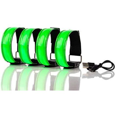 MINKUROW Brazalete Led Recargable, Tira De Luz Para Trotar, Correr - Luz De Seguridad, Reflector E Intermitente Para Niños - Funciones Led Intermitentes Y Estáticas, Usb Recargable (4 Piezas)-Verde