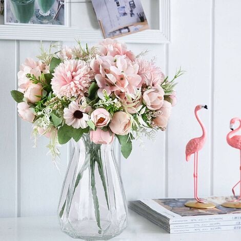 Flores de hortensias falsas en jarrón de cerámica, arreglos florales de  hortensias artificiales para decoración del hogar, flores artificiales con