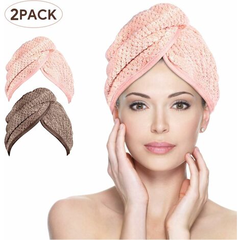 MINKUROW Turbante Para El Cabello, 2 Piezas Toalla De Turbante De Microfibra Toalla Para El Cabello Absorbente De Secado Rápido Con Botón, Toalla Para El Cabello Para Todo Tipo De Cabello (Marrón Y Ro
