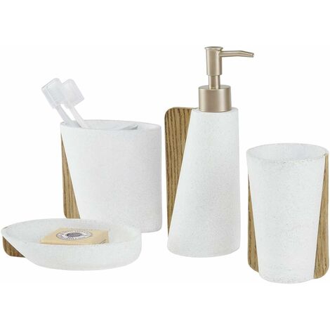 MINKUROW Juego De Baño De 4 Piezas Accesorio De Baño Juego De Baño Con Apariencia De Madera De Grano De Piedra Con Dispensador De Jabón Líquido Botella Soporte Para Cepillo De Dientes Soporte Para Jab
