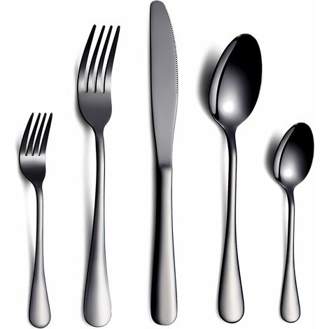 MINKUROW Juego De Cubiertos/Cubiertos Negros, 30 Piezas De Acero Inoxidable, Cuchillo, Tenedor, Cuchara, Juego Para 6 Personas (Negro, 6 Juegos) (1/5)