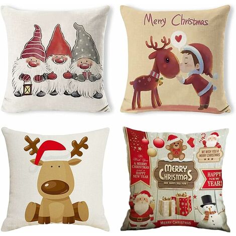 MINKUROW, 4 Uds., Fundas De Cojines De Navidad, Funda De Almohada De Algodón Y Lino De Santa Elk Para El Hogar, Cama, Sofá, Decoración De Navidad, 45x45cm (45x45cm, Papá Noel) (1/5)