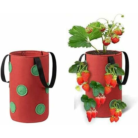 MINKUROW Paquete De 2 Bolsas Para Plantar Fresas - 13 Agujeros - 10 Litros - Bolsas Colgantes Para Macetas De Fresas De Fieltro Para Exteriores E Interiores (Rojo)