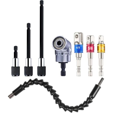 MINKUROW Juego De Herramientas De Taladro Eléctrico De 8 Piezas, Extensión De Broca Flexible + Adaptador De Broca De Ángulo Recto + Broca De Impacto + Adaptador De Enchufe De Vástago De Extensión (1/5)