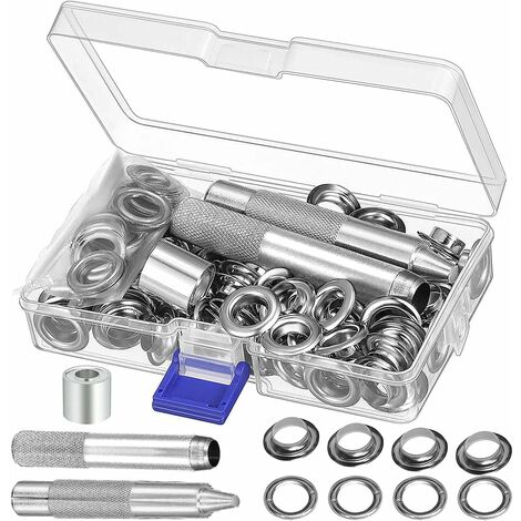 Kit de herramientas de ojales MINKUROW, juegos de ojales de Metal de 10mm, juego de 100 ojales, Kit de ojales para reparación de lona, tienda de campaña, plateado (1/4)