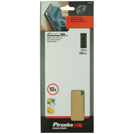 PIRANHA BLACK&DECKER 10 FOGLI ABRASIVI FORATI PER LEVIGATRICI 115X280mm GRANA 60 10 FORI X31040 (1/2)