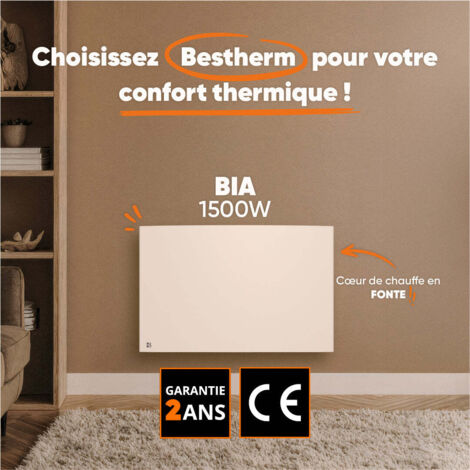 BESTHERM Radiateur Électrique Inertie Sèche Fonte 1500W BIA Horizontal Blanc – Chaleur Douce Programmation Tactile