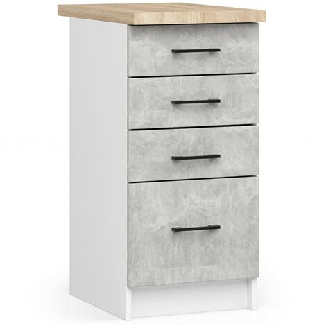 Küchenschrank AKORD OLIWIA modular S40 Unterschrank mit Arbeitsplatte Weiß 40 cm 4 Schubladen Front Beton B40 x H85 x T46 cm